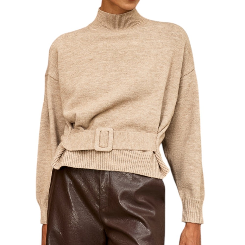 Commense Sweater‎ Womens Small Balloon Sleeve Belted Quiet Luxury Neutral NEW